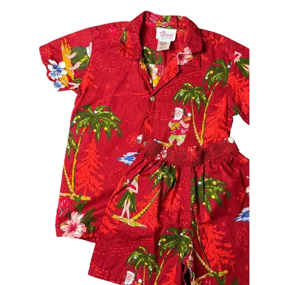 Hawaii Hangover Boys Red Hawaiian Shirt & Shorts Set Santa Floral Holiday Size 4